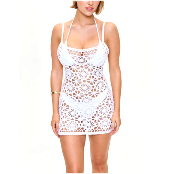 Frankies Bikinis Women's White Sunshine Crochet Mini Dress Size XL
